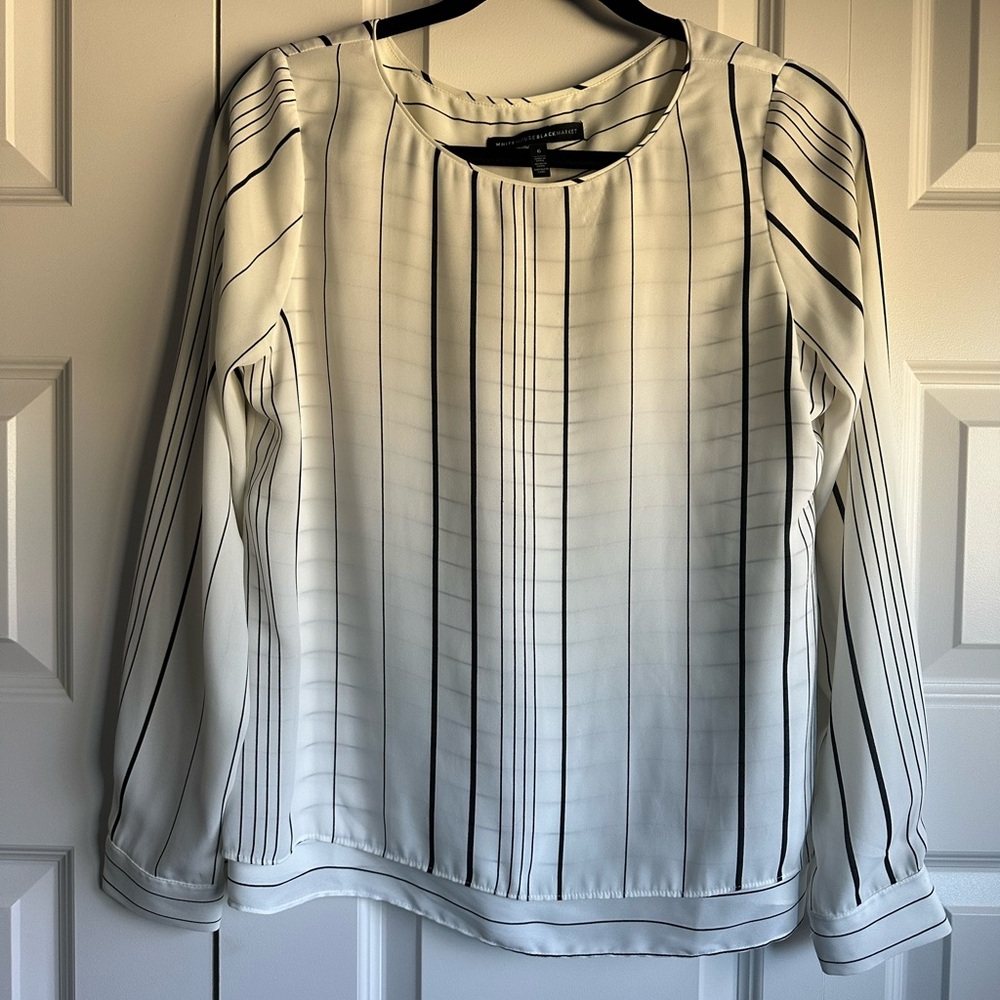 White House Black Market Cream and Black Pleated Blouse with Bib Collar